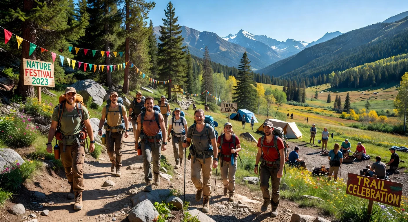 Adventurous travelers hiking to a mountain festival