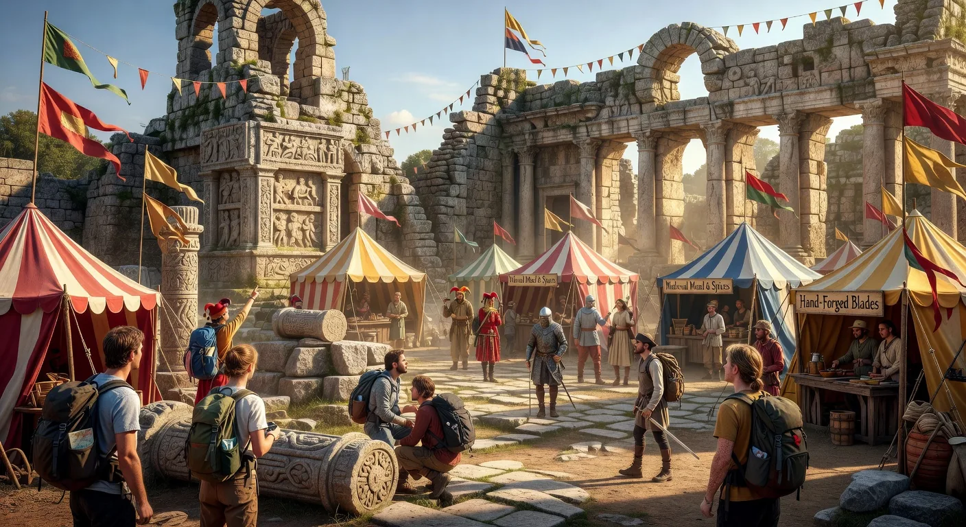 Backpackers exploring ancient ruins during festival travel